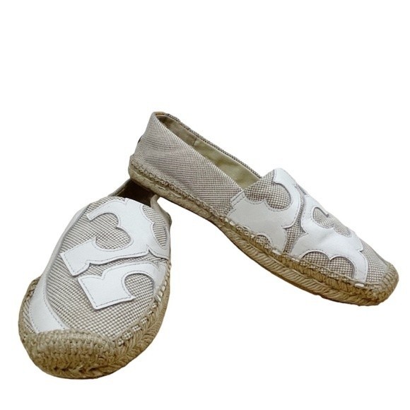 Tory Burch Lonnie Beige and White Woven Canvas Flats Espadrilles Size 9 - Picture 1 of 13